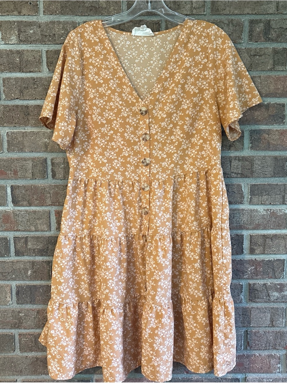 Sweet Wanderer Gold Floral Button-Front Midi Dress